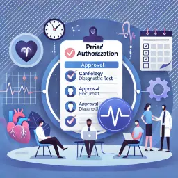 Illustration of specialists handling billing documentation for cardiac devices including pacemakers, ICDs, and loop recorders