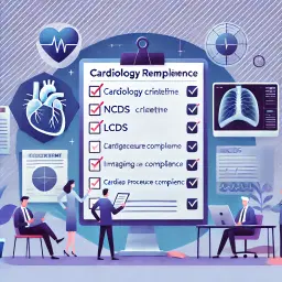 Illustration of specialists reviewing complex cardiology CPT and ICD-10 codes for procedures like catheterizations and echocardiograms