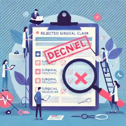 Illustration showing proactive management of surgical claim denials with resolution processes for complex procedure coding and post-operative care billing