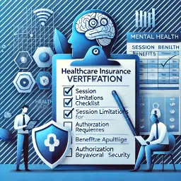 Mental health insurance verification illustration showing benefits documentation, session limitations, and behavioral health coverage verification process