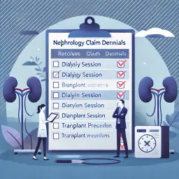 Illustration of professionals proactively identifying and resolving claim denials specific to nephrology, including dialysis sessions and transplant billing