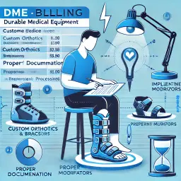 Illustration depicting comprehensive billing management for podiatry durable medical equipment including custom orthotics, braces, and therapeutic footwear