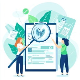 Medical billing specialist identifying and resolving pulmonology claim denials with a magnifying glass, featuring lung procedure documentation and checkmarks indicating successful resolution of denied claims.