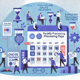 Illustration of specialists efficiently processing high-volume dialysis treatment claims to reduce days in accounts receivable