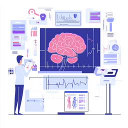 Healthcare administrator processing neurological claims through a streamlined digital system with flowing documents and indicators showing accelerated processing times for EEGs, EMGs, and diagnostic procedures.