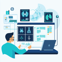 Healthcare administrator processing respiratory claims through a streamlined digital system with flowing documents and indicators showing accelerated processing times for pulmonary function tests and diagnostics.