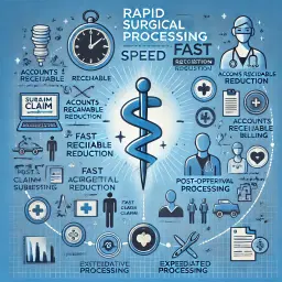 Illustration depicting rapid surgical claim processing with expedited submission workflow and reduced accounts receivable timelines