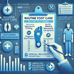 Illustration showing specialized handling of routine foot care billing with appropriate diagnosis coding and documentation for medical necessity exceptions