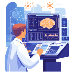 Healthcare professional reviewing neurological medical codes on a digital device, with EEG and EMG report symbols and brain imagery representing specialized neurological coding services.