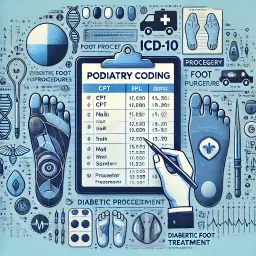 Illustration of specialized podiatry medical coding showing CPT and ICD-10 codes for nail procedures, foot surgeries, wound care, and diabetic foot treatments