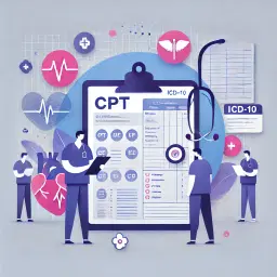 Illustration of specialized surgical coding showing CPT and ICD-10 codes for general surgeries, laparoscopic procedures, and post-operative care