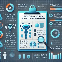 Illustration showing proactive management of urological claim denials with resolution processes for prostate procedures and bladder surgery billing complexities