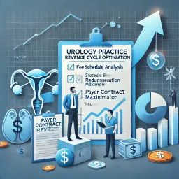 Illustration showing revenue cycle optimization for urology practices through fee schedule analysis, payer contract reviews, and strategic billing processes